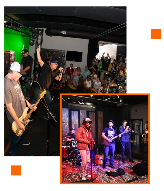 A group of people are playing music in a room.