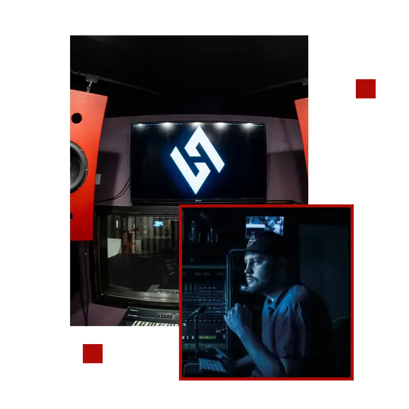 A man works on audio editing in a dark studio; a large monitor with a logo is seen in the background.